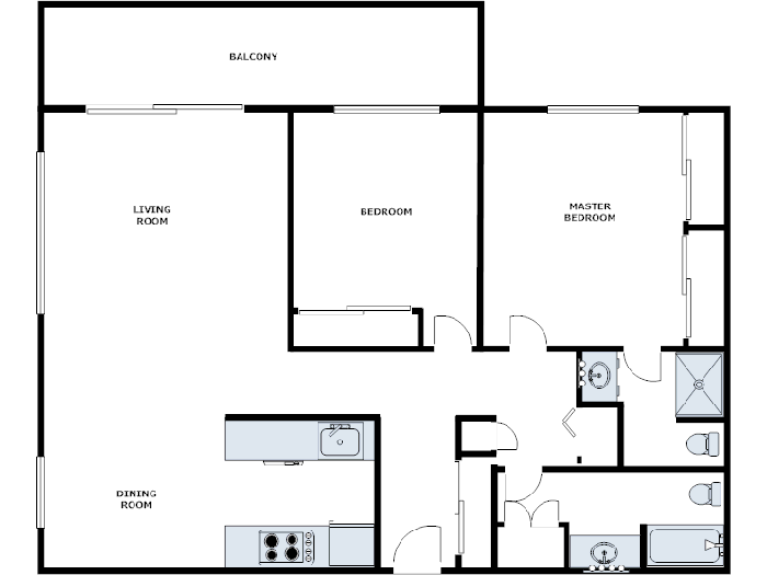 Floor plan for 2 beds, 2 baths, 1240 sqft