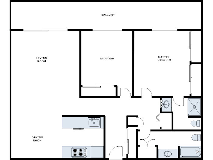 Floor plan for 2 beds, 2 baths, 1240 sqft