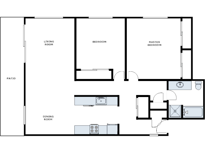 Floor plan for 2 beds, 1 bath, 1110 sqft