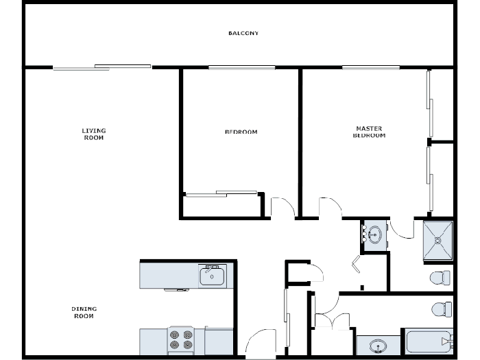 Floor plan for 2 beds, 2 baths, 1240 sqft