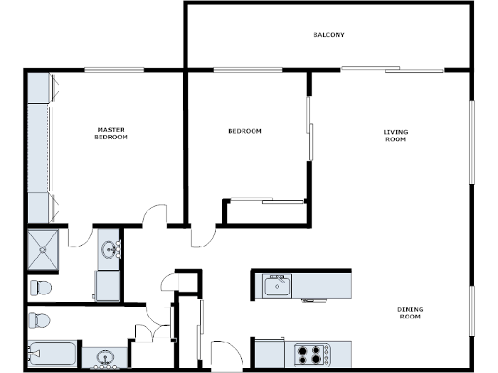 Floor plan for 2 beds, 2 baths, 1240 sqft