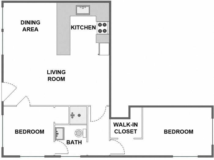 Floor plan for 2 beds, 1 bath, 825 sqft