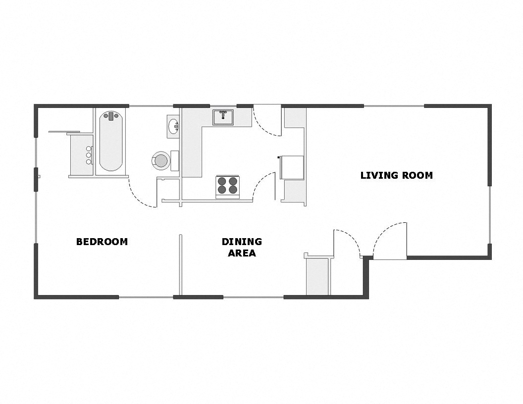 Floor plan for 1 bed, 1 bath, 680 sqft