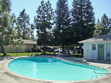 Fresno apartment for rent - a swimming pool with a house and trees in the background
