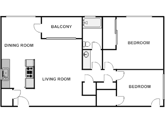 Floor plan for 2 beds, 1 bath, 1100 sqft