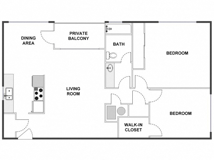 Floor plan for 2 beds, 1 bath, 1100 sqft