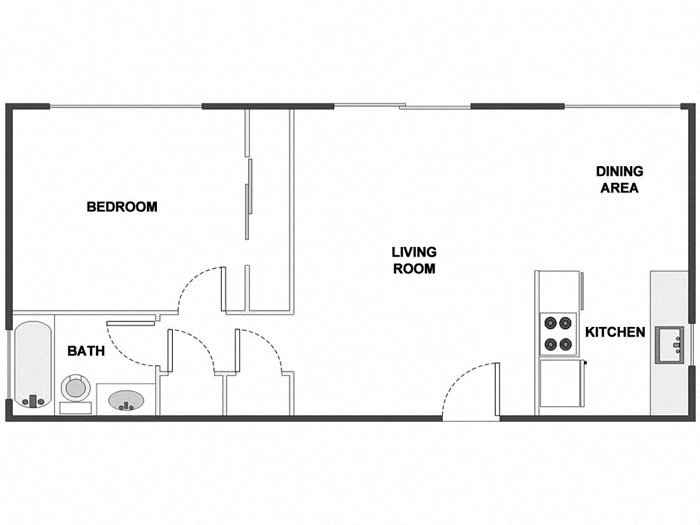 Floor plan for 1 bed, 1 bath, 675 sqft