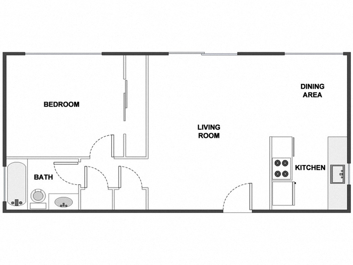 Floor plan for 1 bed, 1 bath, 675 sqft