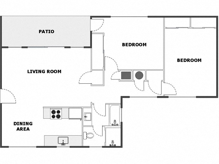 Floor plan for 2 beds, 1 bath, 930 sqft