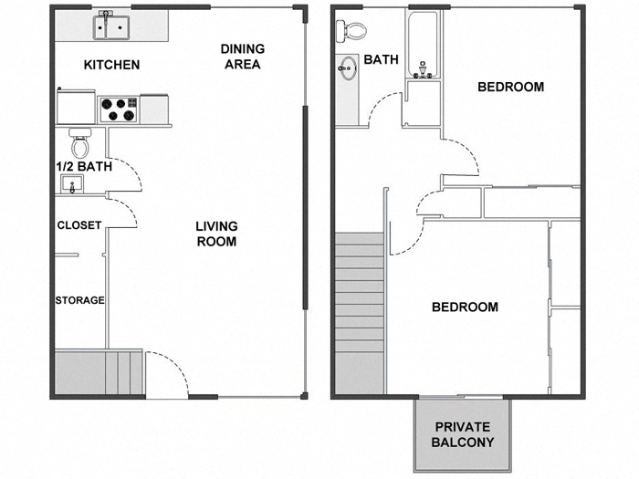 Floor plan for 2 beds, 1.5 baths, 1000 sqft