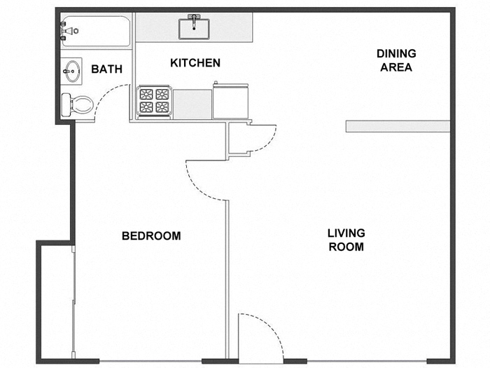 Floor plan for 1 bed, 1 bath, 650 sqft