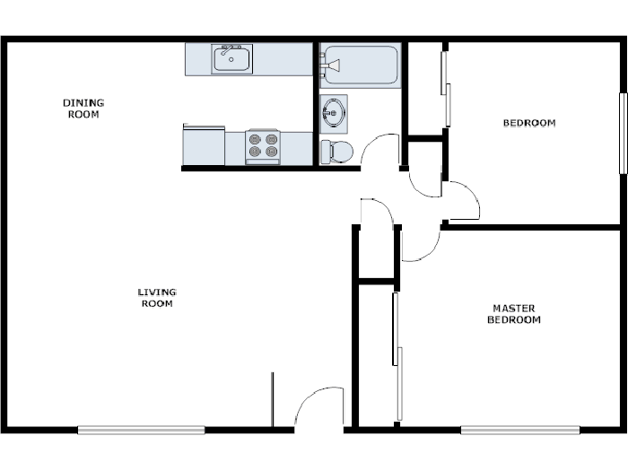 Floor plan for 2 beds, 1 bath, 900 sqft