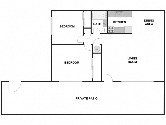 Floor plan for 2 beds, 1 bath, 850 sqft
