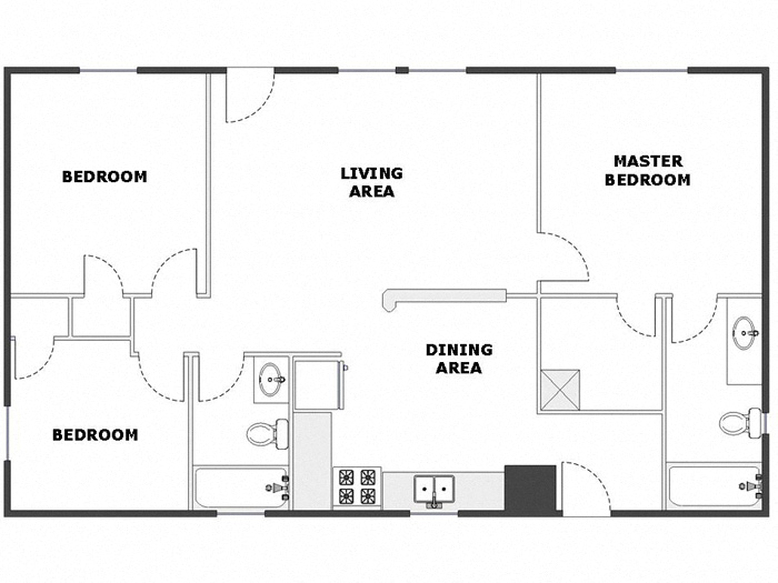 Floor plan for 3 beds, 2 baths, 950 sqft