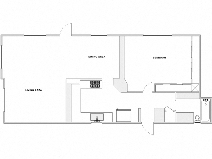 Floor plan for 1 bed, 1 bath, 790 sqft