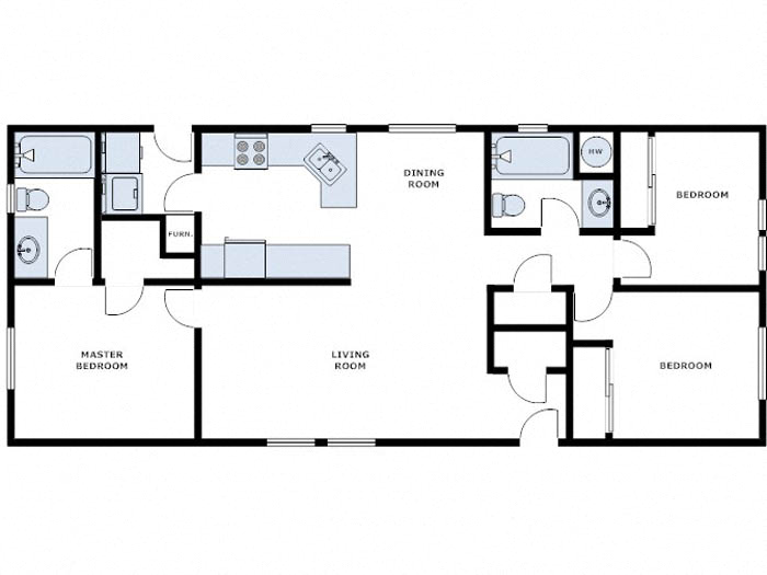 Floor plan for 3 beds, 2 baths, 915 sqft
