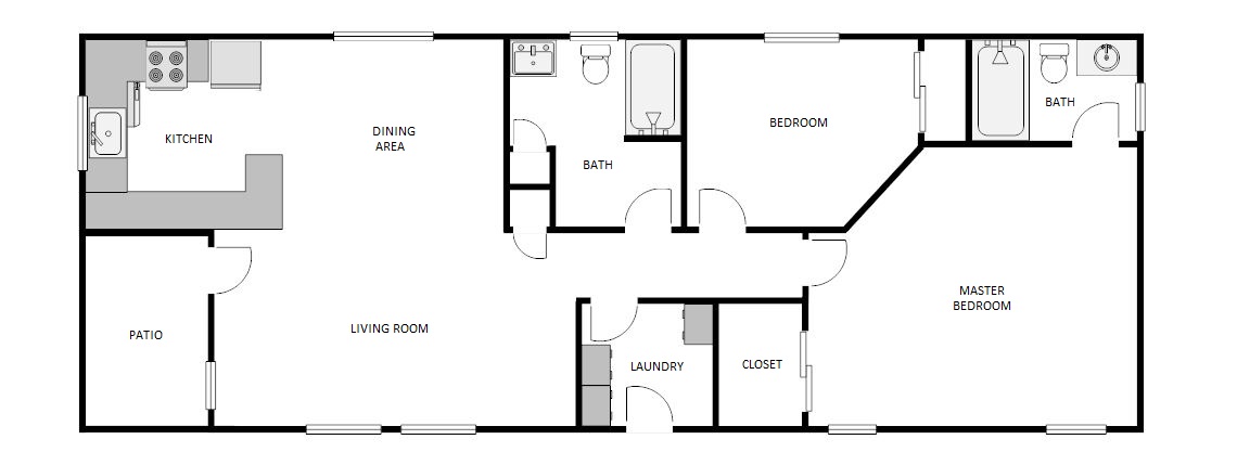 Floor plan for 2 beds, 2 baths, 980 sqft