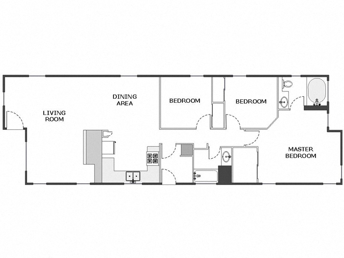 Floor plan for 3 beds, 2 baths, 1125 sqft