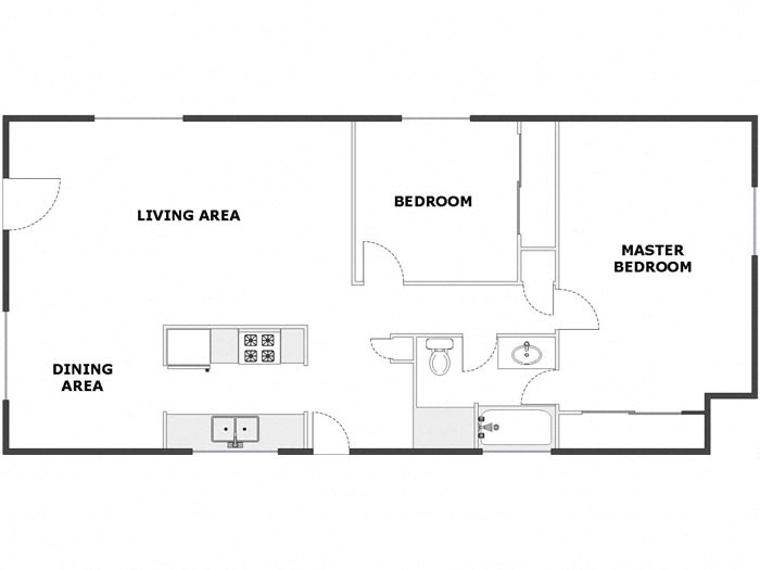 Floor plan for 2 beds, 1 bath, 1000 sqft