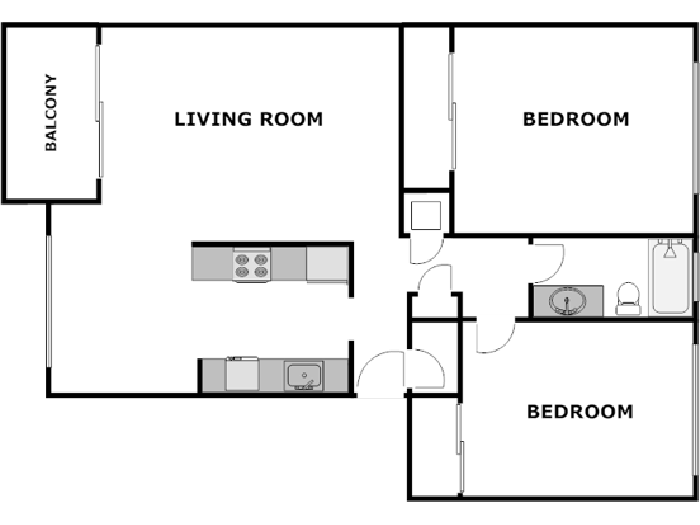 Floor plan for 2 beds, 1 bath, 920 sqft