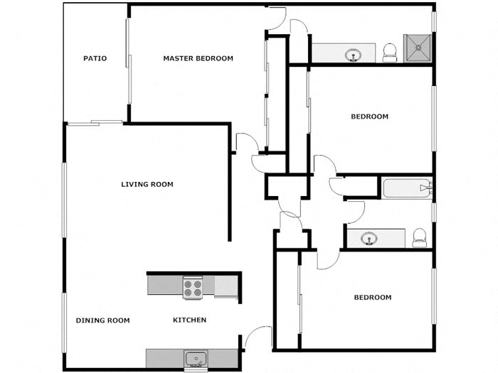 Floor plan for 3 beds, 2 baths, 1420 sqft