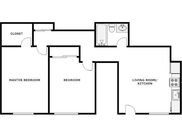Floor plan for 2 beds, 1 bath, 780 sqft