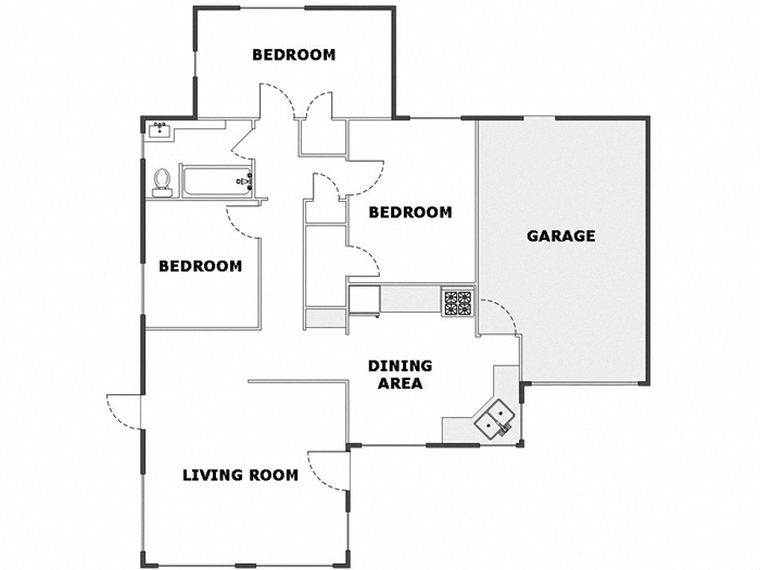 Floor plan for 3 beds, 1 bath, 1025 sqft