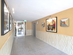 Palo Alto apartment for rent - a hallway of a building with paintings on the wall