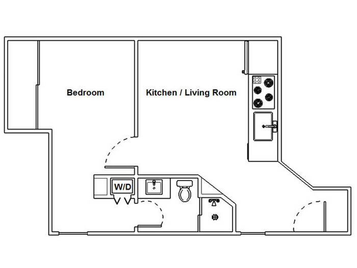 Floor plan for 1 bed, 1 bath, 585 sqft