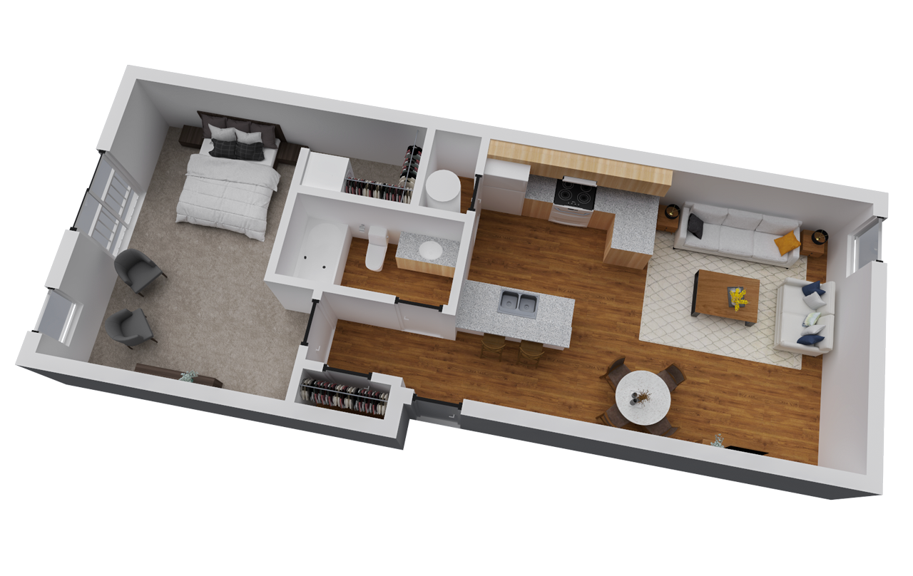 Floor plan for 1 bed, 1 bath, 738 sqft