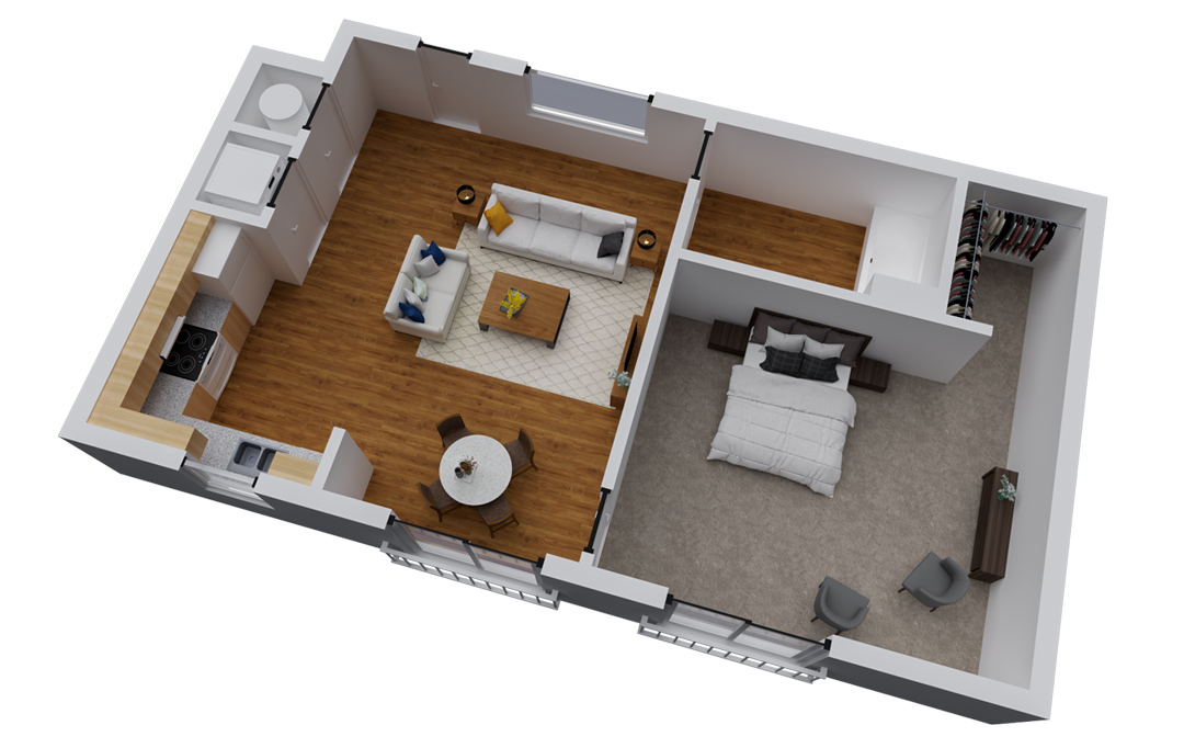 Floor plan for 1 bed, 1 bath, 662 sqft