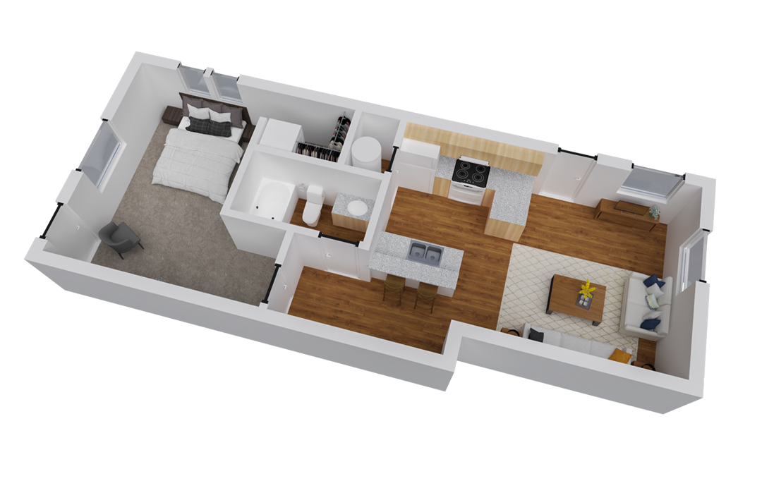 Floor plan for 1 bed, 1 bath, 746 sqft