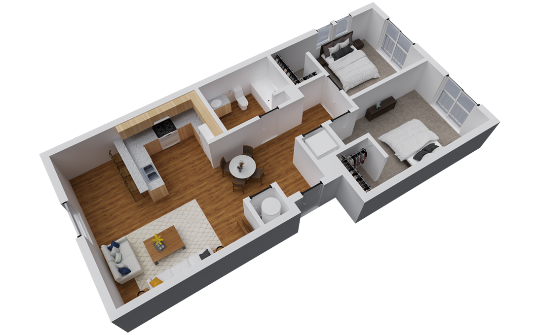 Floor plan for 2 beds, 1 bath, 836 sqft