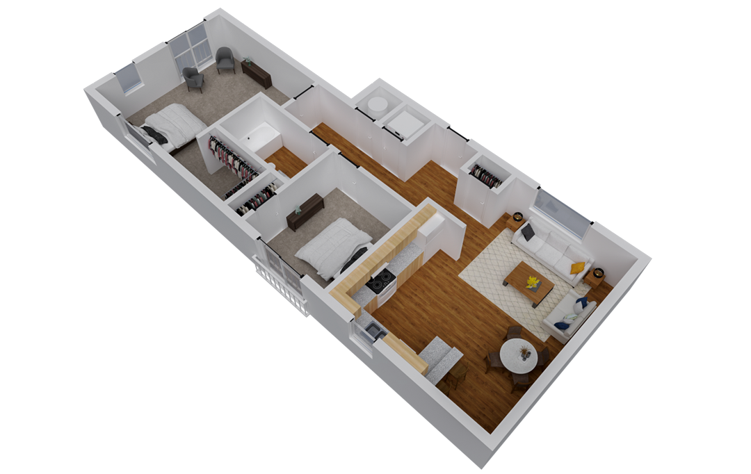 Floor plan for 2 beds, 1 bath, 845 sqft