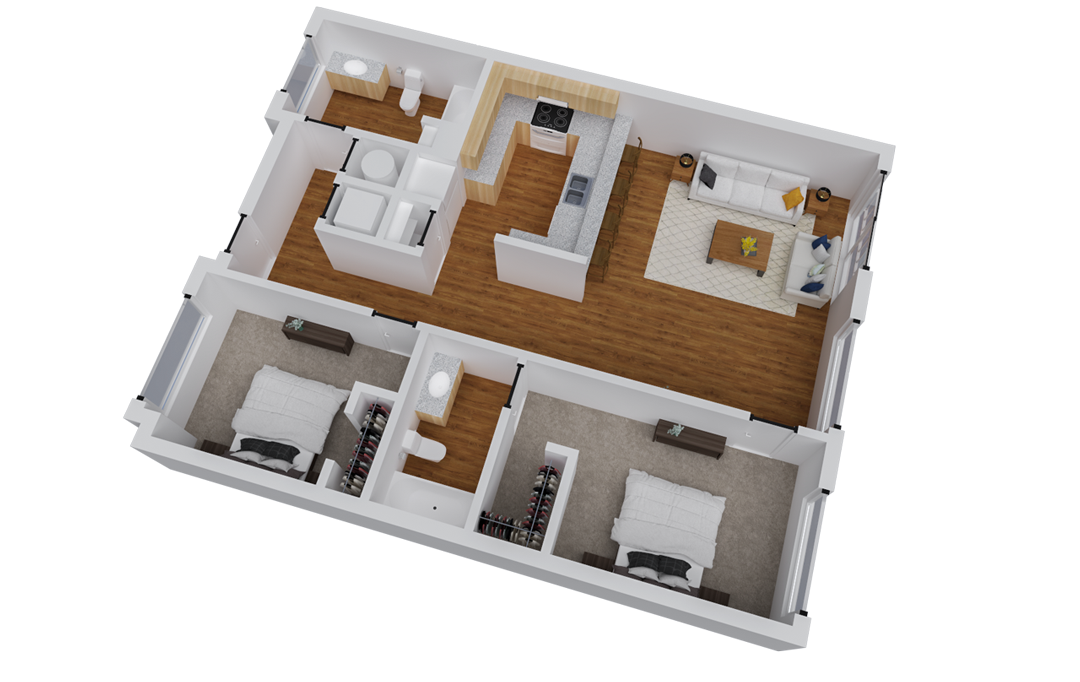 Floor plan for 2 beds, 2 baths, 1037 sqft