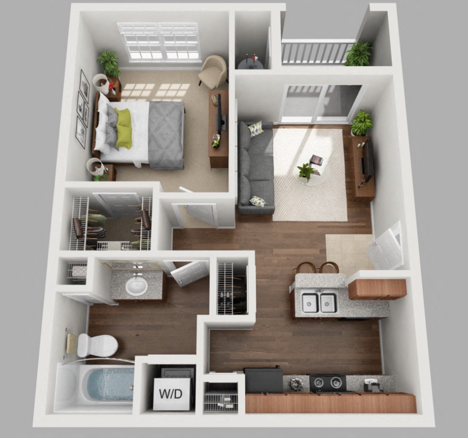 Floor plan for 1 bed, 1 bath, 580 sqft