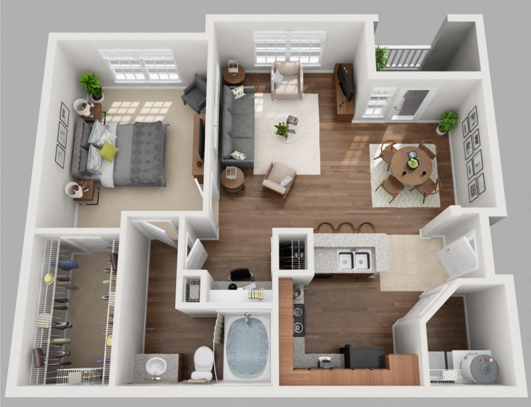 Floor plan for 1 bed, 1 bath, 776 sqft
