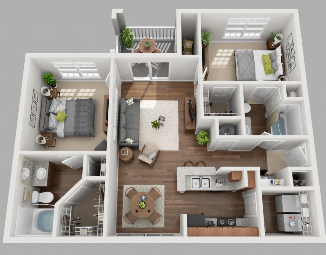 Floor plan for 2 beds, 2 baths, 1040 sqft