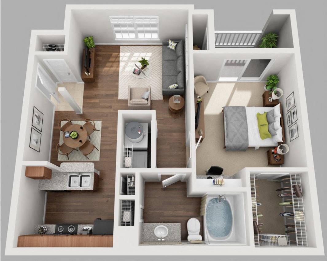 Floor plan for 1 bed, 1 bath, 674 sqft