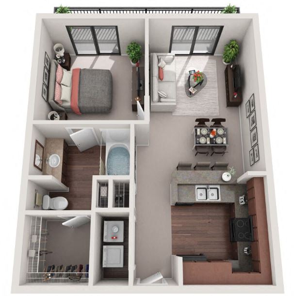Floor plan for 1 bed, 1 bath, 696 sqft