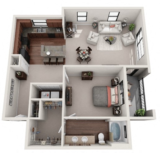 Floor plan for 1 bed, 1 bath, 1057 sqft