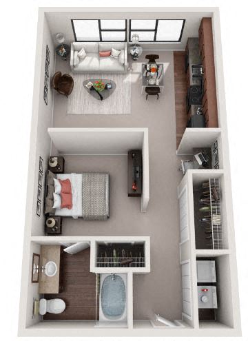 Floor plan for 1 bed, 1 bath, 689 sqft