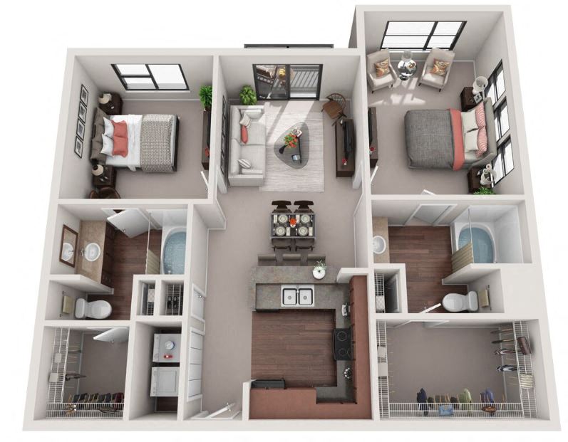 Floor plan for 2 beds, 2 baths, 1104 sqft