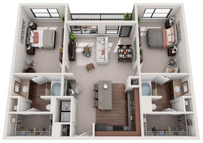Floor plan for 2 beds, 2 baths, 1297 sqft