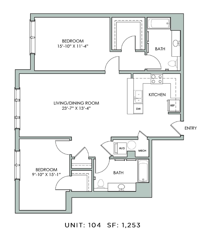 Floor plan for 2 beds, 2 baths, 1253 sqft