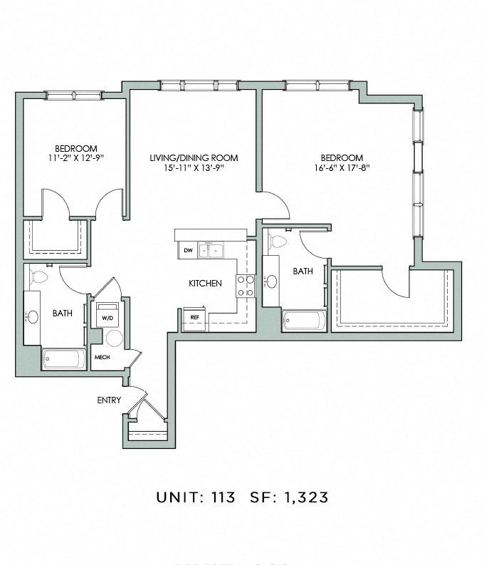 Floor plan for 2 beds, 2 baths, 1323 sqft
