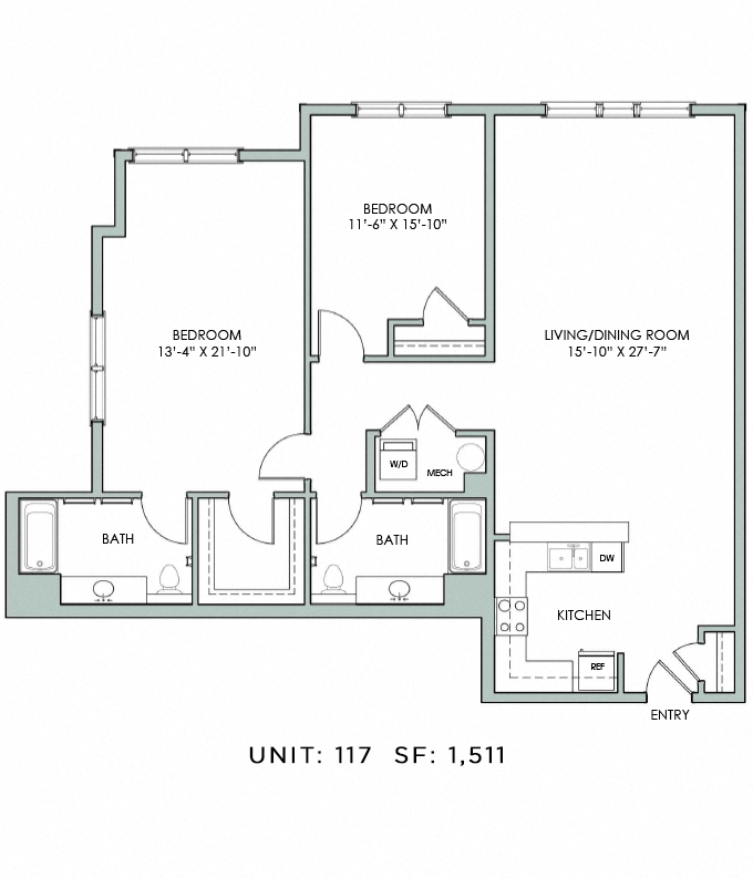 Floor plan for 2 beds, 2 baths, 1511 sqft