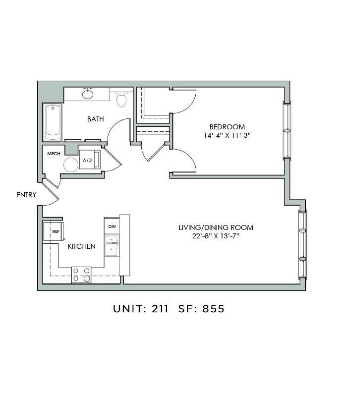 Floor plan for 1 bed, 1 bath, 855 sqft