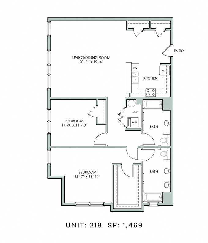 Floor plan for 2 beds, 2 baths, 1469 sqft