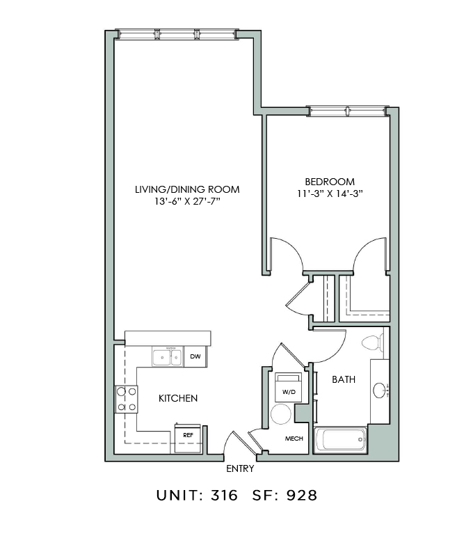 Floor plan for 1 bed, 1 bath, 928 sqft